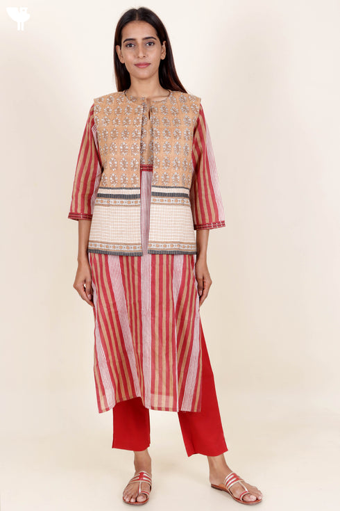 Cotton Sleeveless Jacket  In Floral Block Print
